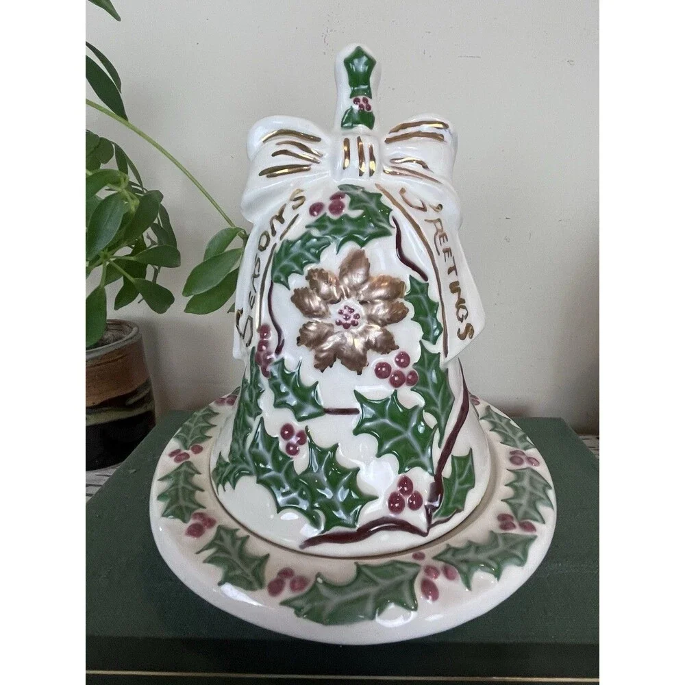 Vintage Hand Painted Christmas Ceramic White Bell Butter/Candy Dish Bow Holly